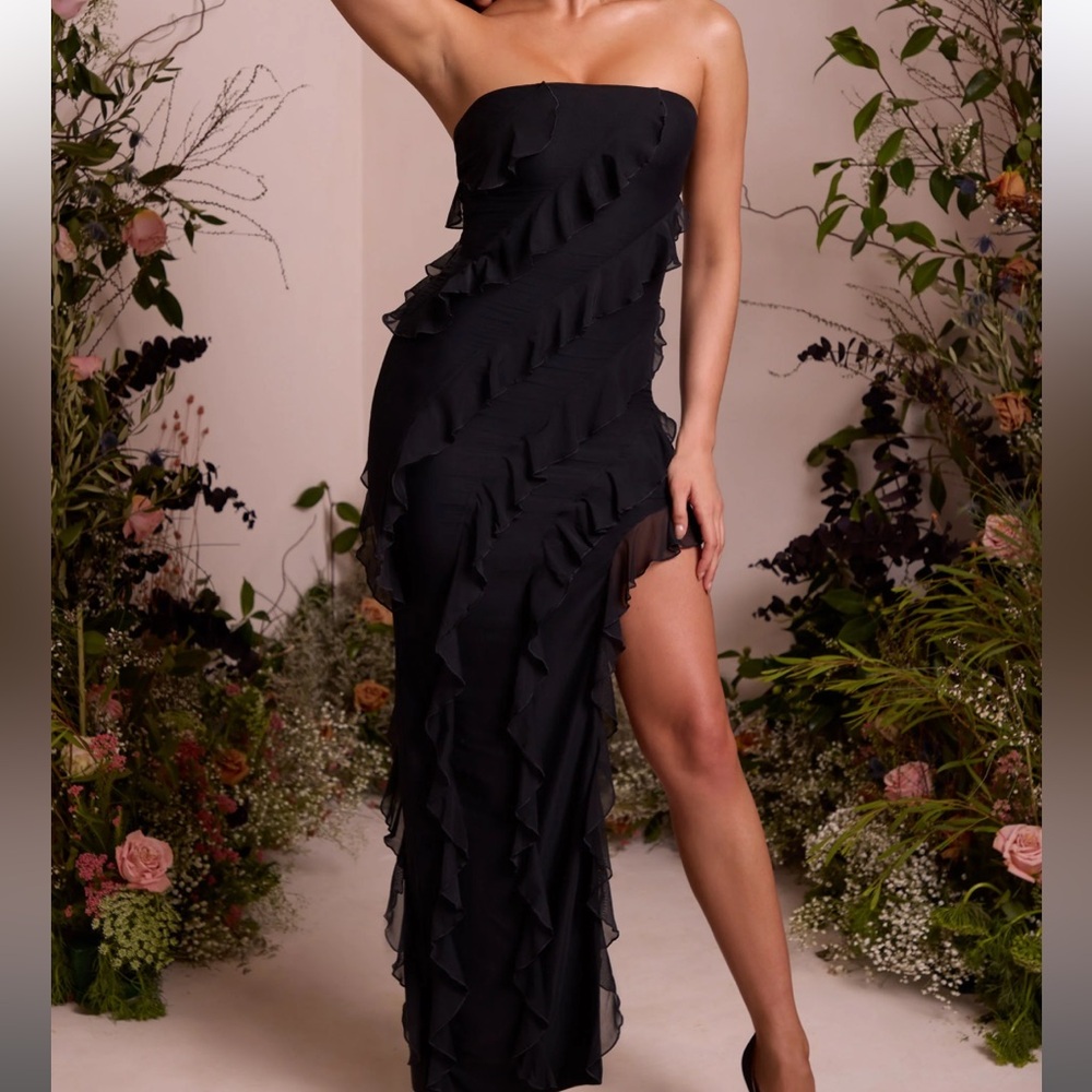 Oh Polly Black Strapless Ruffle Gown